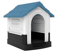 PawHut Caseta para Perros Mini para Exterior 3 Ventanas 64,5x57x66 cm Azul | Casa para Perros de Plástico, Base Elevada, Techo de Tejas de Imitación