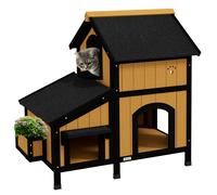 PawHut Caseta de Madera de Exterior para Gatos Casa para Gatos Refugio para Gatos de 2 Niveles 96x65x85,5 cm Natural