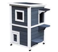 PawHut Caseta de Madera para Gatos Exterior de 2 Pisos con Techo Abrible, Ventanas y Plataformas 51x51x81,3 cm Gris Aosom España