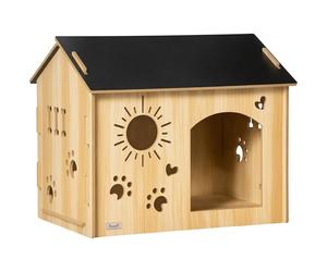 PawHut Caseta de Madera para Perros Pequeños Casa para Mascotas Interior con Puerta Delantera de Forma de Sol Corazón Pata 69x50x58,5 cm Roble