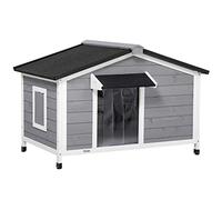PawHut Caseta de perro estilo cabaña - 2 ventanas, puerta, techo corredizo asfaltado - dom 109 x 79 x 72 cm - Madera de abeto gris