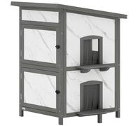 PawHut Caseta exterior para gatos, casa de madera para gatos, múltiples entradas, ventana, resistente al agua, 60 x 60 x 88 cm, Blanco Aosom España