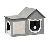 Pawhut Caseta para Gatos Casa para Gatos Interior Cama Cueva para Gatos con Almohadilla para Rascar Cojín Suave y Bola Colgante 65x41x45,5 cm Gris.