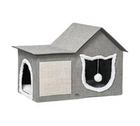 Pawhut Caseta para Gatos Casa para Gatos Interior Cama Cueva para Gatos con Almohadilla para Rascar Cojín Suave y Bola Colgante 65x41x45,5 cm Gris