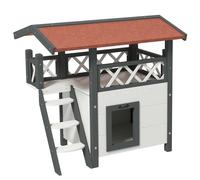PawHut Caseta para Gatos de 2 Niveles 77x50x73 cm Refugio para Gatos con Techo Asfáltico Escalera y Balcón para Exterior Blanco Aosom España