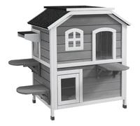 PawHut Caseta para Gatos de Exterior con Tejado Abatible 2 Niveles 4 Entradas Base Elevada en Madera de Abeto Gris Aosom España