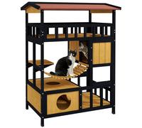 PawHut Casa para Gatos de Madera 84x60x116 cm Caseta para Gatos de 4 Niveles con Puente Colgante Balcón y Techo Asfáltico para Exterior e Interior Natural