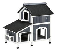 PawHut Caseta para Gatos de Madera con Macetero 96x65x85,5 cm Casa para Gatos Refugio para Gatos de 2 Niveles con Techo Asfáltico Ventana y Múltiples