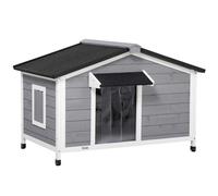 PawHut Caseta para perro estilo cottage - 2 ventanas, puerta, techo bituminado - 109x79x72 cm - madera de abeto Gris Aosom España