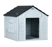 PawHut Caseta para Perros Exterior 65x75,7x63 cm Casa para Perros con Patrón de Ventana y Techo de Tejas de Imitación para Perros Medianos Gris y Blanco