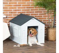 PawHut Caseta para Perros 65x75,7x63 cm Casa para Perros con Patrón de Ventana y Techo de Tejas de Imitación para Perros Medianos Gris y Blanco