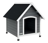 PawHut Caseta para Perros 75x88x82 cm Casa para Perros de Exterior con Techo de Tejas de Imitación Base Elevada Suelo Desmontable y Marco de Madera Gris 152/200