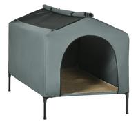 PawHut Caseta para Perros con Cubierta Exterior 130x85x95 cm Cama Elevada para Mascotas con Cojín y Ventanas de Malla Enrollable para Perros Grandes
