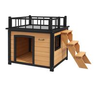 PawHut Caseta para perros con terraza en el techo, resistente a la intemperie, de madera, 121x77x78 cm, Negro/Amarillo Aosom España