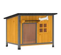 PawHut: caseta para perros de exterior de madera y acero resistente a los mordiscos, caseta elevada con techo inclinado abatible e impermeable, suelo extraíble, cortina para la puerta, marquesina,