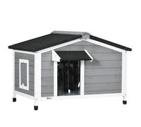 PawHut Caseta para Perros de Madera 97x72x65 cm Casita para Mascotas con Techo Asfáltico Abatible 2 Ventanas Puerta con Cortina y Base Extraíble Gris.