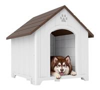 PawHut Caseta para Perros Exterior, Casa para Perros Extragrandes de Plástico Impermeable con 2 Ventanas, Base Elevada, Estacas, Fácil de Montar, 102x94x103 cm, Marrón Oscuro