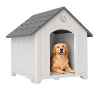 PawHut Caseta para Perros Exterior, Casa para Perros Grandes de Plástico Impermeable con 2 Ventanas, Base Elevada, Estacas, Fácil de Montar, 88x79x89 cm, Gris