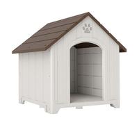 PawHut Caseta para Perros Exterior, Casa para Perros Grandes de Plástico Impermeable con 2 Ventanas, Base Elevada, Estacas, Fácil de Montar, 88x79x89 cm, Marrón Oscuro