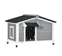 PawHut Caseta para Perros Exterior Casa para Perros Pequeños con Techo Asfáltico Abatible 2 Ventanas Puerta con Cortina y Base Extraíble 97x72x65 cm Gris
