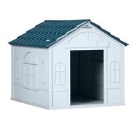 PawHut Caseta para Perros Medianos 65x75,7x63 cm, Casa para Perros con Patrón de Ventana, Techo de Tejas de Imitación, para Interior y Exterior, Azul Verdoso y Blanco
