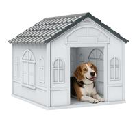 PawHut Caseta para Perros Medianos 65x75,7x63 cm, Casa para Perros con Patrón de Ventana, Techo de Tejas de Imitación, para Interior y Exterior, Gris y Blanco