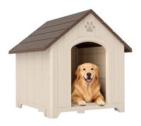 PawHut Caseta para Perros medianos y Grandes con Techo Inclinado, Rejillas de ventilación y estacas, caseta para Perros de PP, 88 x 78 x 89 cm, Beige y marrón Oscuro