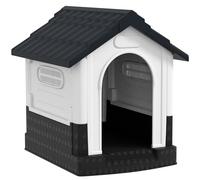 PawHut Caseta para Perros Mini para Exterior, Casa para Perros de Plástico con 3 Ventanas, Base Elevada, Techo de Tejas de Imitación, 64,5x57x66 cm, Gris Oscuro