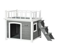 PawHut Caseta para Perros, Terraza en el Techo, Escalera, Ventana, Distancia al Suelo, Madera Natural, Grisclaro, 121x77x78 cm Aosom España