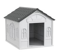 PawHut Caseta Perros Exterior 65x75,7x63 cm Casa para Perros con Patrón de Ventana y Techo de Tejas de Imitación para Perros Medianos en Interior y Exterior Gris y Blanco