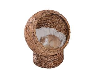 PawHut Cesta de ratán para gatos, con cojín, jacinto de agua, marrón, 50 x 42 x 60 cm