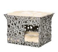 PawHut Cesta de Ratán para Gatos de 2 Pisos Cueva Cama Tipo Caseta con 2 Cojines Suaves Estructura de Metal 51x42x37 cm Gris y Beige Aosom España