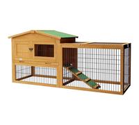 PawHut Clapier de sol cage à lapin cottage niche supérieure avec rampe enclos extérieur plateau excrément fenêtre porte verrouillable bois sapin dim. 150 L x 52 l x 68 H cm jaune