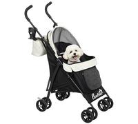 PawHut Cochecito para Perros Pequeños con Estructura de Paraguas Carrito para Perros Plegable con Cojín Lavable Portavaso Ventanas de Malla y Bolsa de Almacenamiento 76x44x103 cm Crema