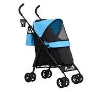 PawHut Cochecito para Perros Pequeños con Estructura de Paraguas Carrito para Perros Plegable con Cojín Lavable Portavaso Ventanas de Malla y Bolsa de Almacenamiento 76x44x103 cm Azul