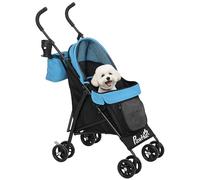 PawHut Cochecito para Perros Pequeños con Estructura de Paraguas Carrito para Perros Plegable con Cojín Lavable Portavaso Ventanas de Malla y Bolsa de Almacenamiento 76x44x103 cm Azul
