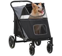 PawHut Cochecito para Perros Plegable Carrito para Mascotas con Ventanas de Malla Carga 30 kg Correas de Seguridad Bolsillos de Almacenamiento 112x65x100 cm Gris y Negro