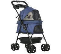 PawHut Cochecito para Perros Plegable Carrito para Perros Pequeños con Ruedas Universales Cesta de Almacenaje Correas de Seguridad y Ventanas 67x45x96 cm Azul Oscuro