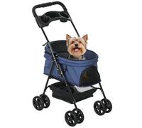 PawHut Cochecito para Perros Plegable con Ventana 67x45x96 cm Azul Oscuro | Carrito para Perros Pequeños, Ruedas Universales, Cesta de Almacenaje, Correas de Seguridad
