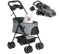 PawHut Cochecito para Perros Plegable Portavasos 67x45x96 cm Gris | Carrito para Perros Pequeños, 4 Ruedas de EVA, Giratorio y Freno, Cesta, Correas de Seguridad, Capota Ajustable, Ventana