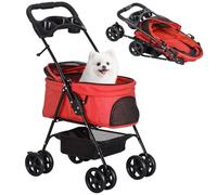 PawHut Cochecito para Perros Plegable Portavasos 67x45x96 cm Rojo | Carrito para Perros Pequeños, 4 Ruedas de EVA, Giratorio y Freno, Cesta, Correas de Seguridad, Capota Ajustable, Ventana