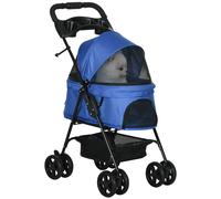 PawHut Cochecito para Perros Plegable Carrito para Perros Pequeños con Ruedas Universales Cesta de Almacenaje Correas de Seguridad y Ventana 67x45x96 cm Azul