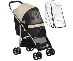 PawHut Cochecito plegable cubierta lluvia, masc. pequeñas, Caqui | Carrito para perros, 4 ruedas, correas de seguridad, para gatos pequeños