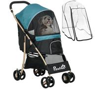 PawHut Cochecito plegable cubierta lluvia, masc. pequeñas, Verde oscuro | Carrito para perros, 4 ruedas, correas de seguridad, para gatos pequeños