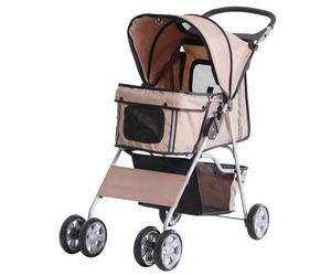 PawHut Cochecito Plegable Mascotas Carrito para Perros Gatos con 4 Ruedas Cesta de Almacenaje Ventanas y Portavasos 75x45x97 cm Café Aosom España
