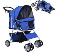 PawHut Cochecito Plegable Mascotas Carrito para Perros Gatos con Cuatro Ruedas Cesta de Almacenaje Ventanas y Portavasos Tela Oxford Marco de Acero 75x45x97 cm Azul