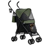 PawHut Cochecito Plegable para Perros Pequeños con Correa, Bolsa de Almacenaje y Portavasos, Cochecito para Mascotas con Ventanas de Malla, 76x44x103 cm, Negro y Verde Oscuro