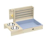 PawHut Comedero de Heno para Conejos con Bandeja, Alimentador de Heno de Madera con Cuenco de Acero Inoxidable y Botella de Agua, para Cobayas, Chinchillas, Gran Capacidad y Prevención de Residuos