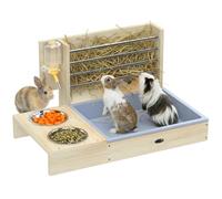 PawHut Comedero de Heno para Conejos con Bandeja para Cobayas Chinchillas | Alimentador de Heno de Madera, Cuenco de Acero Inoxidable, Botella de Agua, Gran Capacidad, Prevención de Residuos