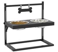 PawHut Comedero Elevado para Perros con 2 Tazones 40,5x22x39 cm Negro | Cuenco para Perros, Acero Inoxidable, Altura Ajustable, 1 Placa de Metal en Forma de Hueso